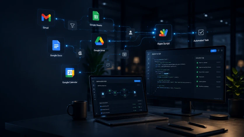Google Workspace automation connecting Gmail, Sheets, Drive, Docs, Calendar, and Apps Script