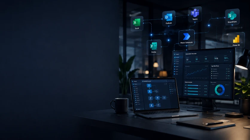 Microsoft 365 automation connecting Excel, Outlook, Teams, SharePoint, Power Automate, and Power BI