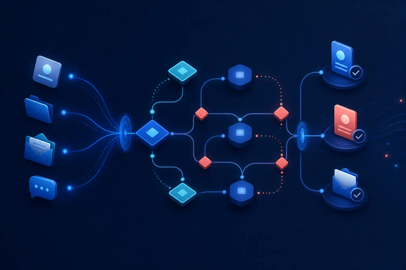 Illustration of business requests moving through organized routing and follow-up