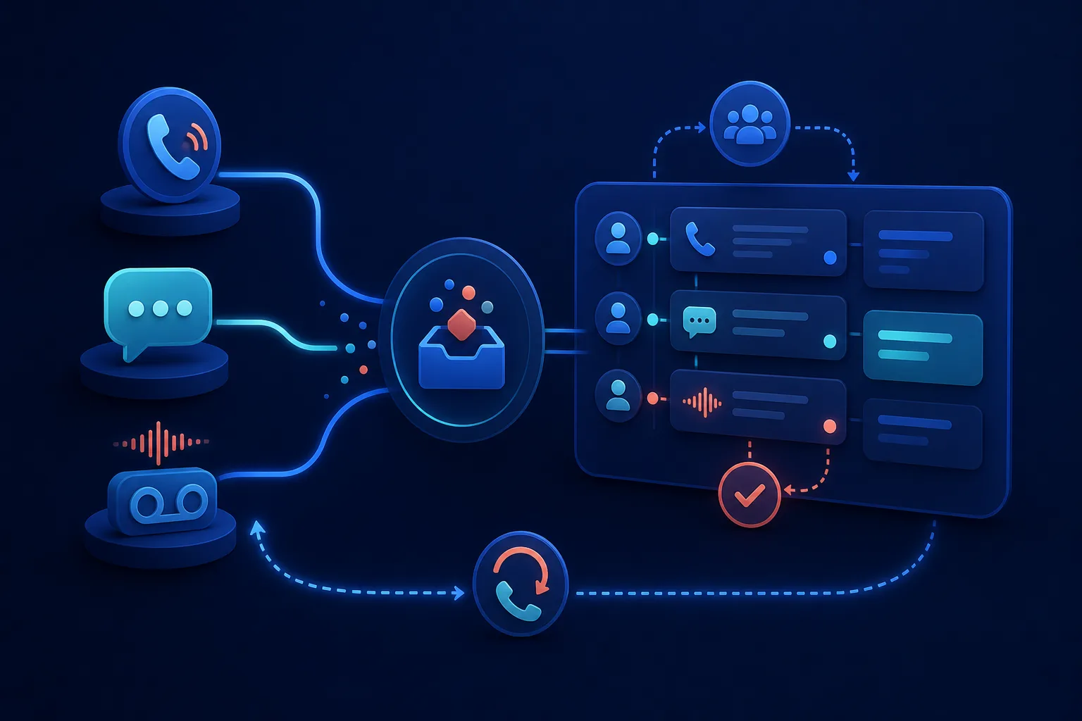 Illustration of calls, messages, and voicemail entering a shared team workspace