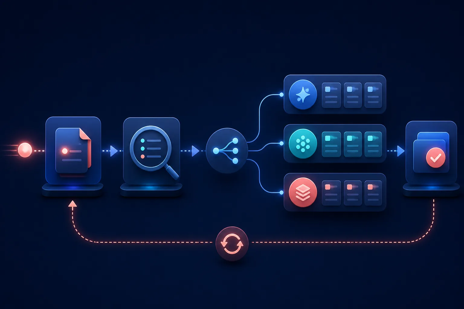 Illustration of an intake request moving through review, routing, and follow-up